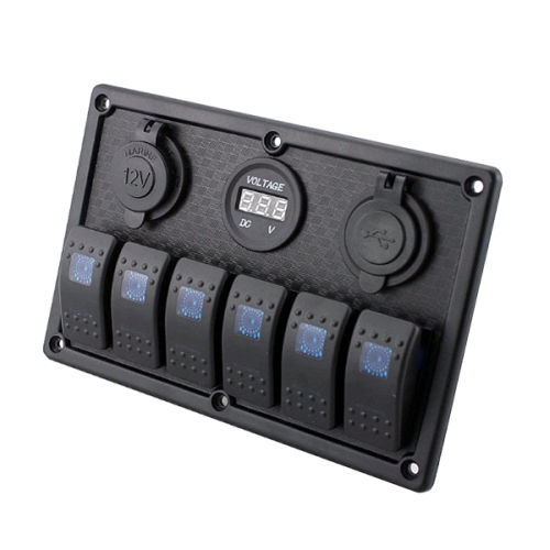 Panou electric aluminiu 6 intrerupatoare cu voltmetru/usb/priza Panou electric aluminiu 6 intrerupatoare cu voltmetru/usb/priza